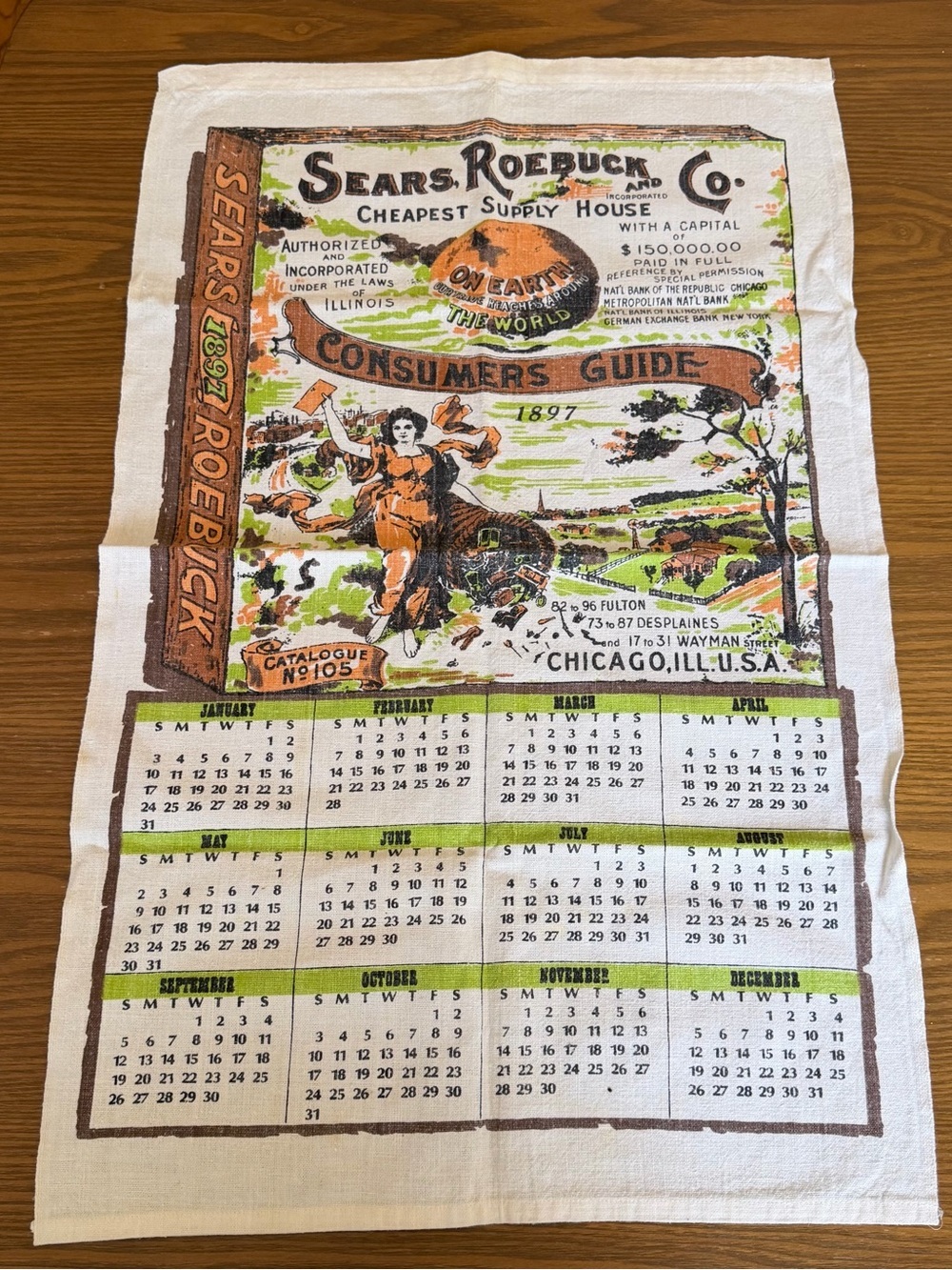 Sears Roebuck Co. Vintage Style 1897 Calendar Tea Towel Cottagecore House Decor